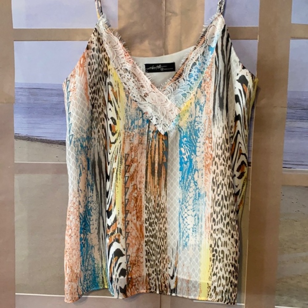 On Twelfth mixed print flowing lace trim tank‎ top